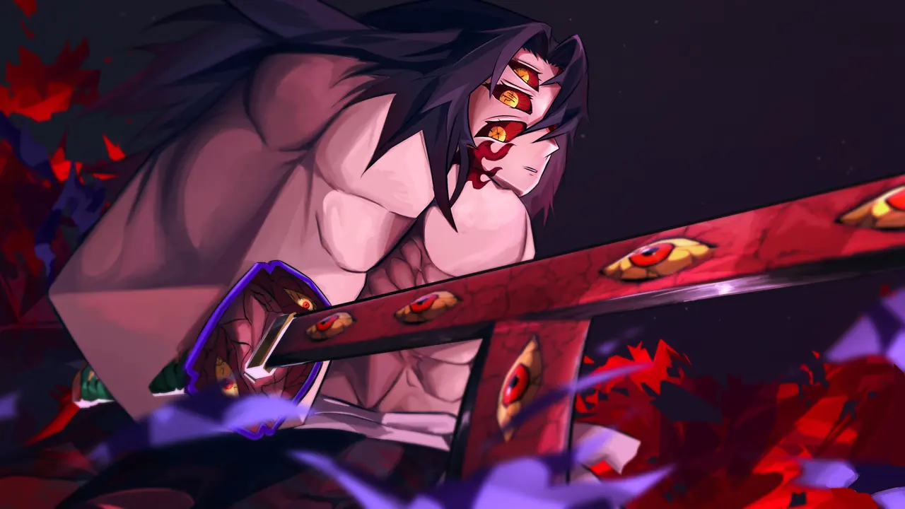 A six-eyed demon holds up a blade covered in eyes