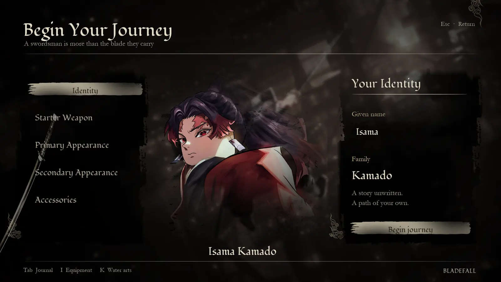 Bladefall's character creation screen